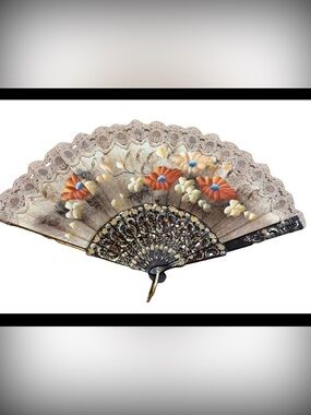 Vintage Spanish Hand Painted Floral Lace Folding Fan Brown Gold Accents Plastic